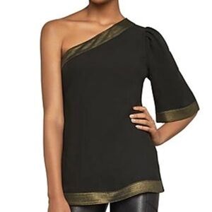 BCBGMaxAzria Black and Gold One Shoulder Blouse